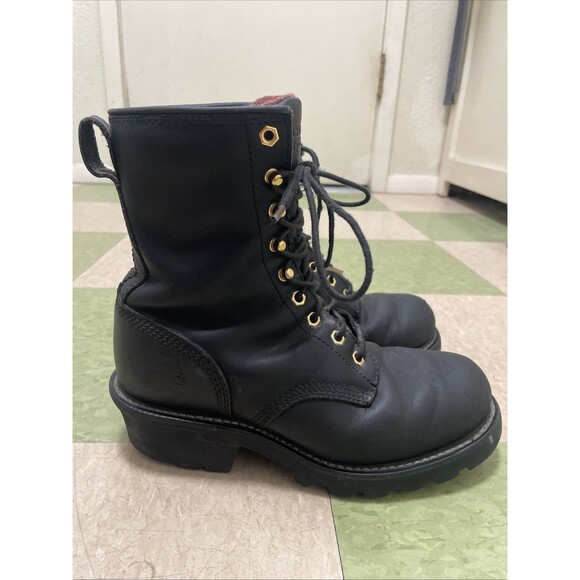 Vintage Chippewa Black Leather Logger Boots Men's 7 Women’s 9 Moto Boots Utility - Picture 1 of 11